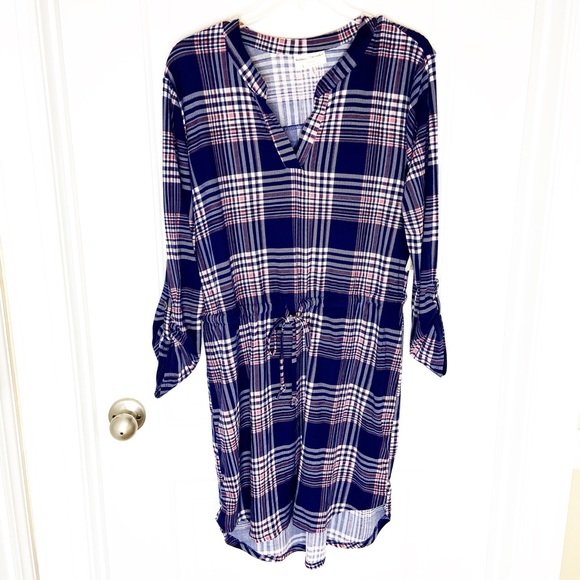 Plaid tie front tunic dress with elastic waist - Picture 1 of 16